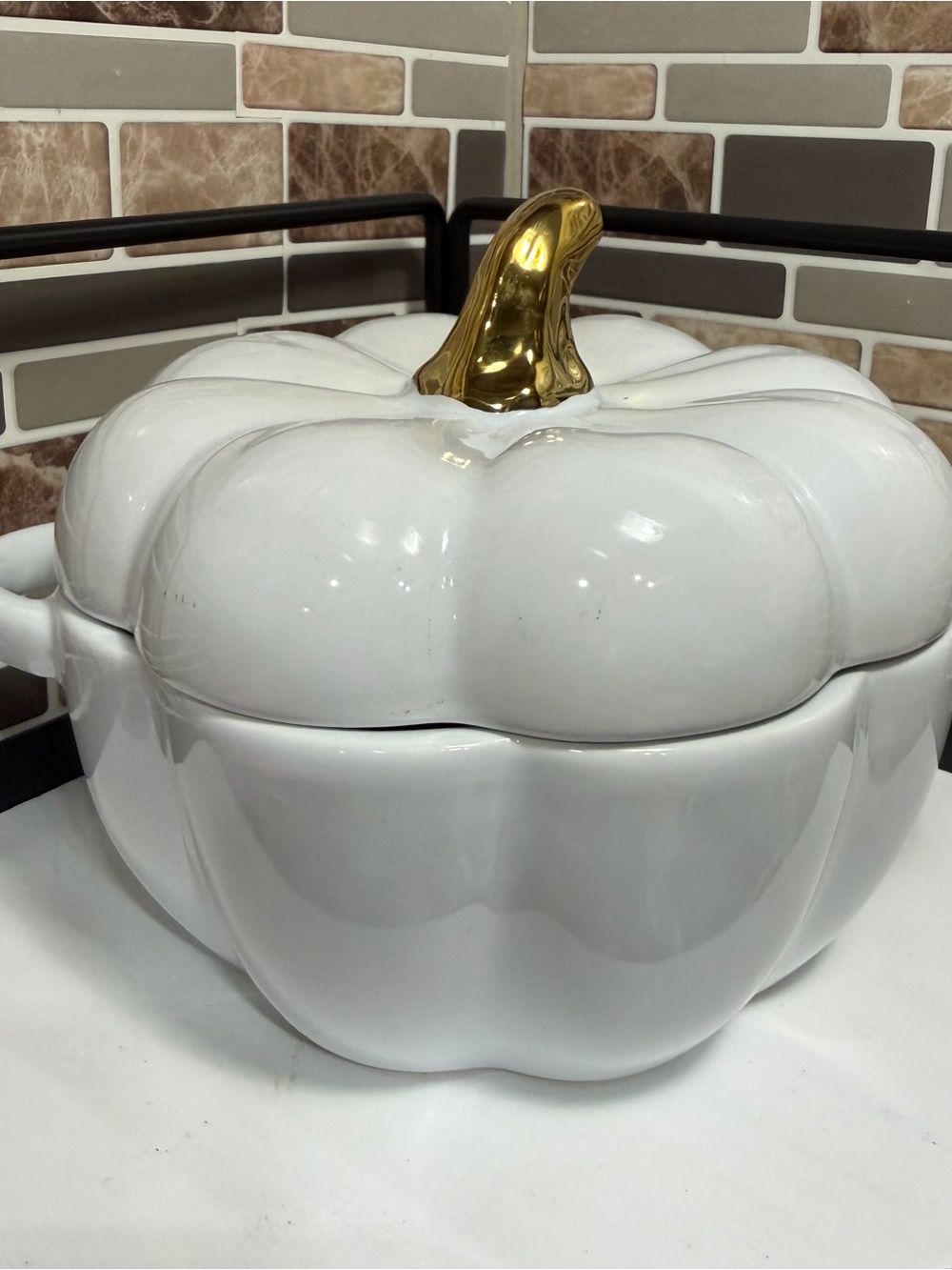 White Ceramic Pumpkin Ramekin Dish with Gold Stem